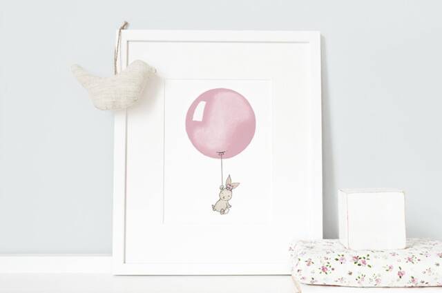 Dusty Pink, Unframed Balloon Print, Bunny Illustration, Pastel Pink Girl's Nursery Art, Baby Girl, Archival UK Art - image 1