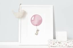 Dusty Pink, Unframed Balloon Print, Bunny Illustration, Pastel Pink Girl's Nursery Art, Baby Girl, Archival UK Art - thumbnail 1