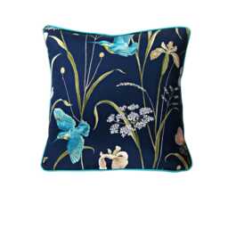 Sanderson Kingfisher & Iris, Navy Blue Teal Cotton Cushion Cover, Throw Pillow Home Decor