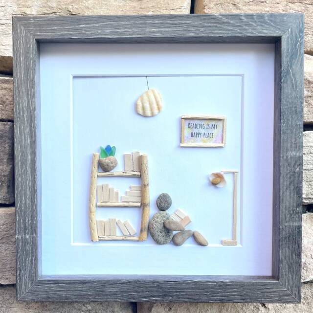 "Unique Gift For Book Lovers, 8x8 Pebble Art Picture Of Reader Surrounded By Books, Wall Sign Says ""Reading Is My Happy Place" - image 1
