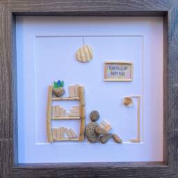 "Unique Gift For Book Lovers, 8x8 Pebble Art Picture Of Reader Surrounded By Books, Wall Sign Says ""Reading Is My Happy Place" - thumbnail 3
