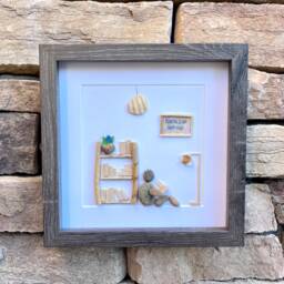 "Unique Gift For Book Lovers, 8x8 Pebble Art Picture Of Reader Surrounded By Books, Wall Sign Says ""Reading Is My Happy Place" - thumbnail 2