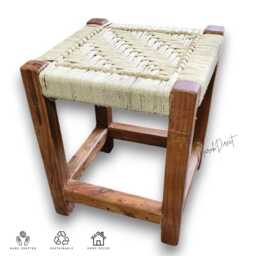 Handmade Banana Fiber & Acacia Wood Square Stool - Eco-Friendly Sustainable Footstool Indoor Outdoor Seating Home Decor Accent Footrest - thumbnail 1