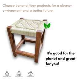 Handmade Banana Fiber & Acacia Wood Square Stool - Eco-Friendly Sustainable Footstool Indoor Outdoor Seating Home Decor Accent Footrest - thumbnail 4