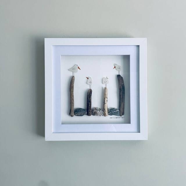 Sea Glass Seagull Wall Art - Framed Family Pebble Picture Handmade in Cornwall - image 1