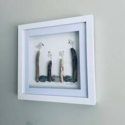 Sea Glass Seagull Wall Art - Framed Family Pebble Picture Handmade in Cornwall - thumbnail 2