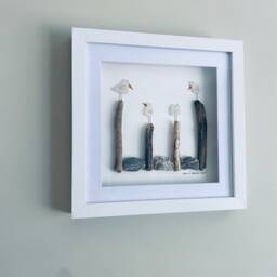 Sea Glass Seagull Wall Art - Framed Family Pebble Picture Handmade in Cornwall - thumbnail 3