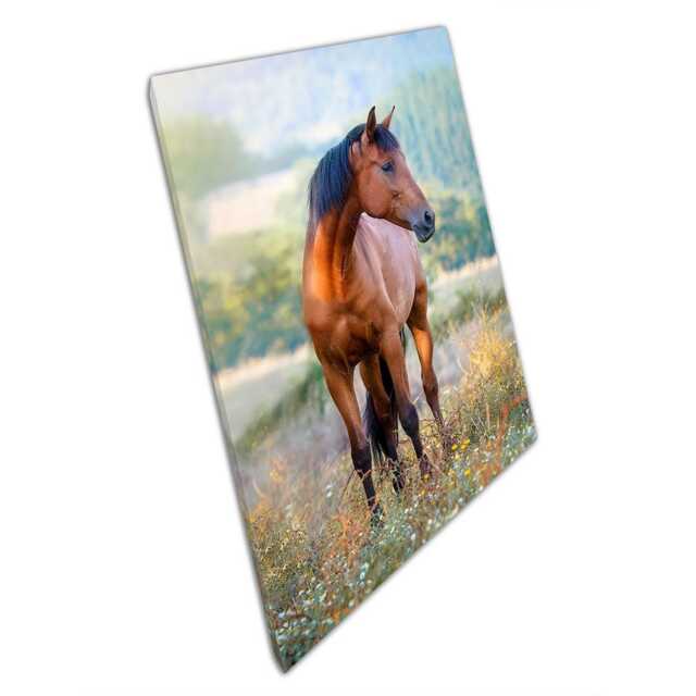 Serene Chestnut Horse in Floral Meadow Canvas Print - Rustic Equine Wall Art For Home & Office - image 1