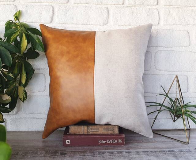 Color Block Pillow Cover Camel Faux Leather & Natural Linen - image 1