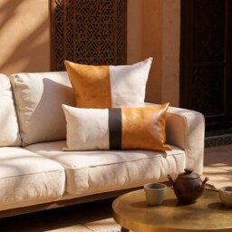 Color Block Pillow Cover Camel Faux Leather & Natural Linen - thumbnail 4