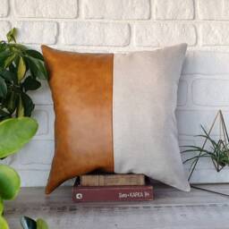 Color Block Pillow Cover Camel Faux Leather & Natural Linen - thumbnail 2