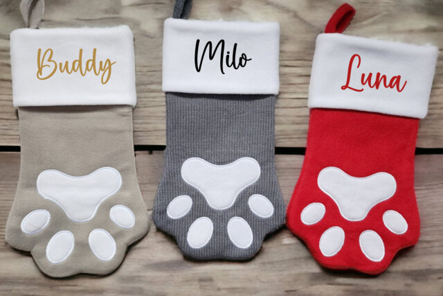 Personalised Pet Christmas Stocking Paw Shape 40cmx20cm Plush Santa Sack Dog Cat - image 1