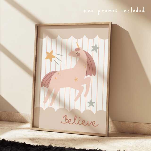 Believe in Unicorns Print Pastel Pink & Sage, Magic Fairy Tale Children's Room Decor, Teen Tween Art, Illustration - image 1