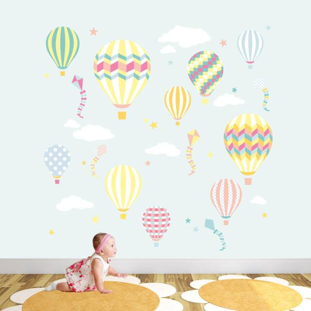 Hot Air Balloon Decal, Kites, Stars & White Cloud Wall Stickers, Girls Nursery Room Decor, Summer Pastel Colour Stencils, Baby Shower Gift - image 1