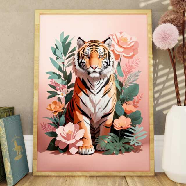 Tiger Floral Print - Boho Animal Wall Art Vibrant Jungle Decor For Bedroom, Living Room, Nursery Unframed Botanical Poster in 11 Sizes - image 1