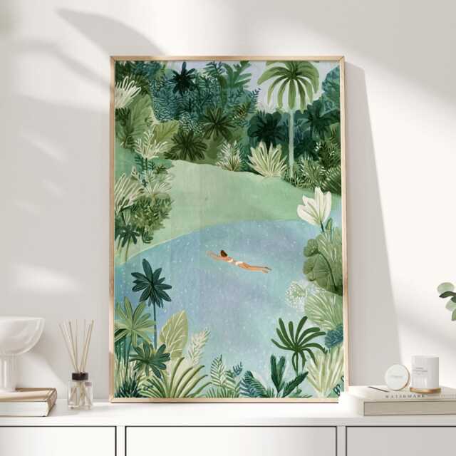 Swimming in Nature Print, Tropical Jungle Wall Art, Woman Lagoon Illustration, Relaxing Green Poster - image 1