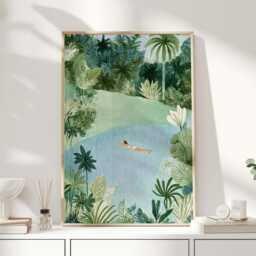 Swimming in Nature Print, Tropical Jungle Wall Art, Woman Lagoon Illustration, Relaxing Green Poster - thumbnail 1