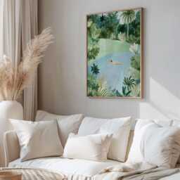 Swimming in Nature Print, Tropical Jungle Wall Art, Woman Lagoon Illustration, Relaxing Green Poster - thumbnail 2