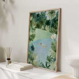 Swimming in Nature Print, Tropical Jungle Wall Art, Woman Lagoon Illustration, Relaxing Green Poster - thumbnail 3