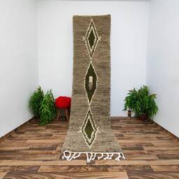Handwoven Beni Ourain Runner Rug Authentic Berber Wool, Green & White - thumbnail 2