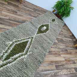 Handwoven Beni Ourain Runner Rug Authentic Berber Wool, Green & White - thumbnail 3