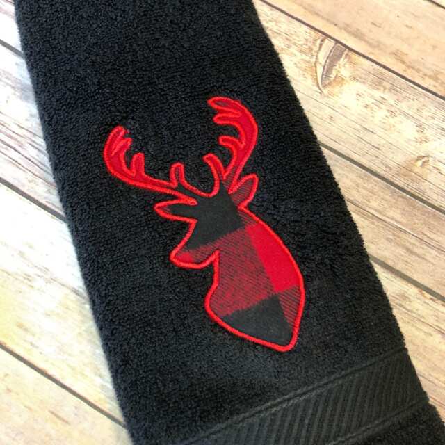 Deer Buffalo Check Appliqued Towel Red & Black Flannel - image 1