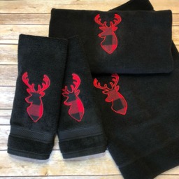 Deer Buffalo Check Appliqued Towel Red & Black Flannel - thumbnail 2