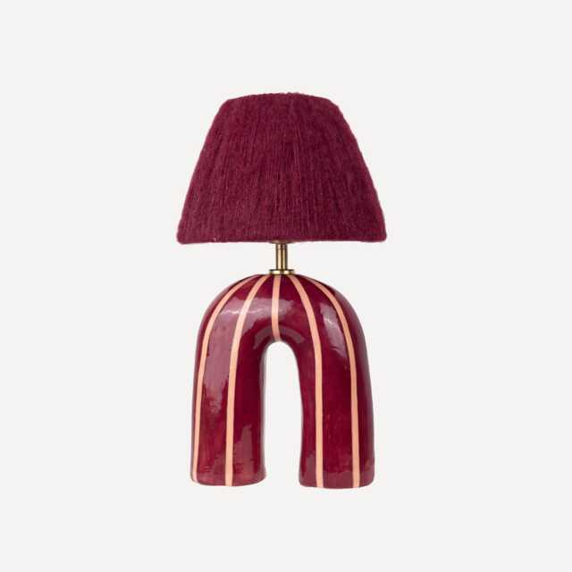 Handmade Ceramic Table Lamp Maroon Stripe, Alpaca Shade, Modern Designer Lighting - image 1