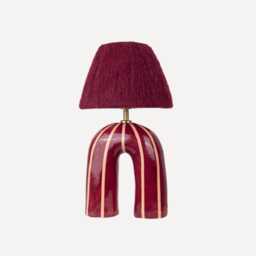 Handmade Ceramic Table Lamp Maroon Stripe, Alpaca Shade, Modern Designer Lighting - thumbnail 1