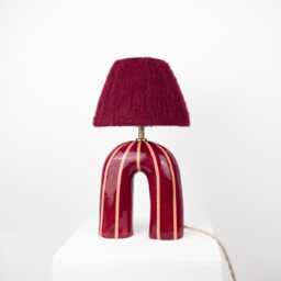 Handmade Ceramic Table Lamp Maroon Stripe, Alpaca Shade, Modern Designer Lighting - thumbnail 4