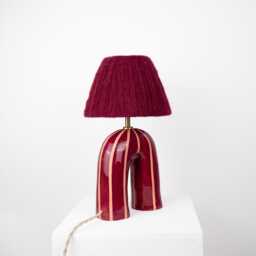 Handmade Ceramic Table Lamp Maroon Stripe, Alpaca Shade, Modern Designer Lighting - thumbnail 2