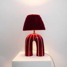 Handmade Ceramic Table Lamp Maroon Stripe, Alpaca Shade, Modern Designer Lighting - thumbnail 3