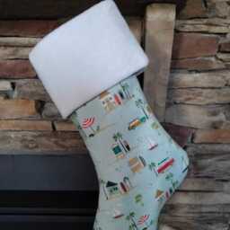 Beach Holiday Christmas Stocking Coastal Decor Surf, Sailboat & Hut Design Personalization Available - thumbnail 2