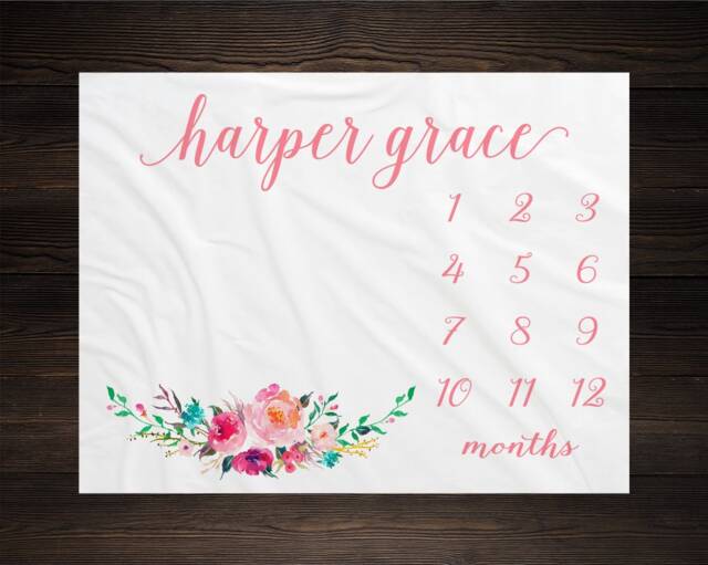 Baby Girl Milestone Blanket Month Growth Tracker Minky Fleece Custom Personalized Shower Gift Watercolor Floral Newborn - image 1