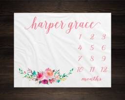 Baby Girl Milestone Blanket Month Growth Tracker Minky Fleece Custom Personalized Shower Gift Watercolor Floral Newborn - thumbnail 1