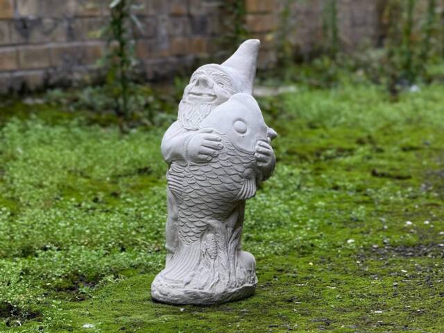 Concrete Garden Gnome With Fish Whimsical Figurine Outdoor Decor Stone Ornament Decorative Unique Yard Art - image 1