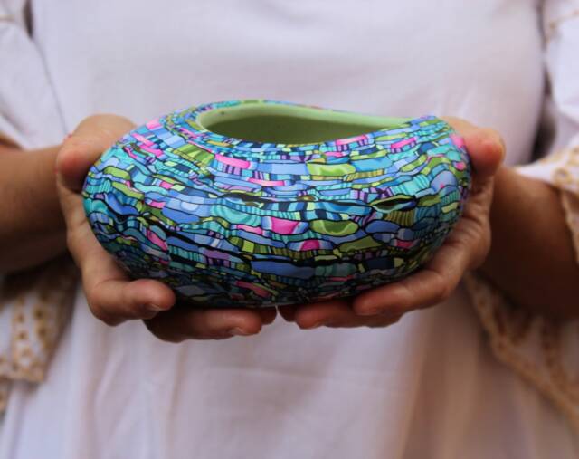 Turquoise Ceramic Planter Medium Pebble Shape Polymer Clay Pot With Drainage - image 1
