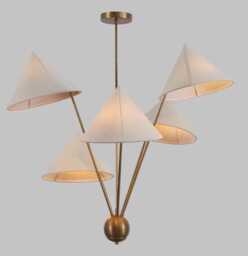 Mid Century Modern Sputnik Chandelier - Raw Brass & Linen, 5-Light - thumbnail 1