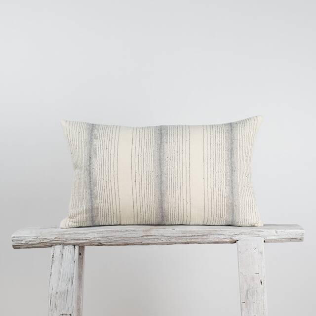 striped Lumbar Pillow Cover, Beige & Blue Cotton, Farmhouse Cushion - image 1