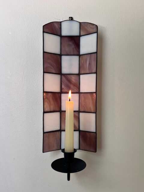 Marbled Mauve & White Checkered Stained Glass Candle Wall Sconce - image 1