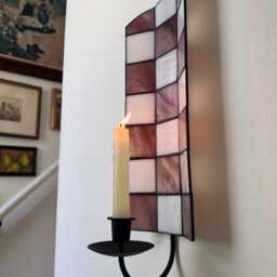 Marbled Mauve & White Checkered Stained Glass Candle Wall Sconce - thumbnail 2