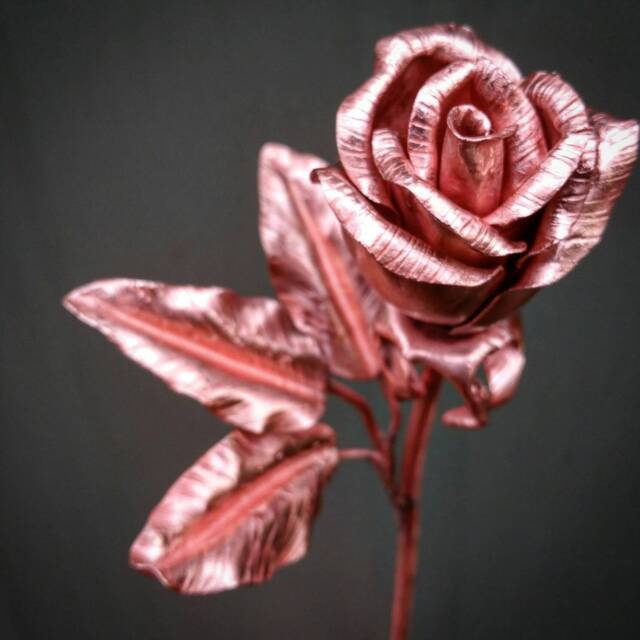 Long Stemmed Copper Rose With Leaves, Perfect Anniversary Gift, Engagement Prop Or For Valentines - image 1