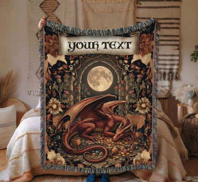 Personalized Dragon Woven Blanket Custom Fantasy Name Tapestry Medieval Den Decor, Gift For D&d Fans, Gamers, Book Lovers - image 1