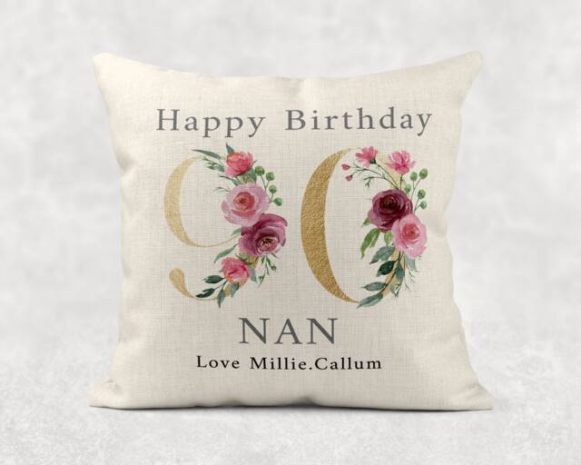 Personalised Floral Birthday Pillow Gold Number, Linen Style - image 1
