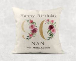 Personalised Floral 90Th Birthday Pillow Gold Number, Linen Style