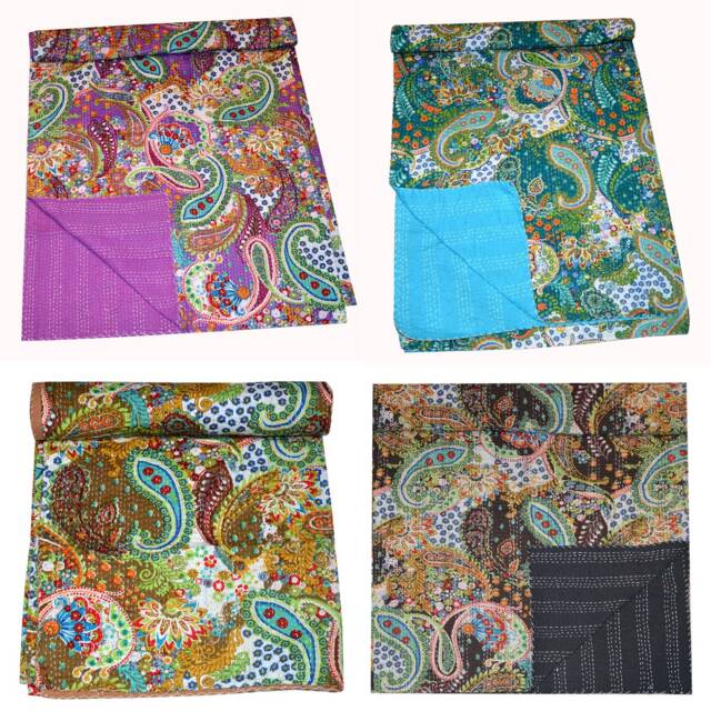 Hand Paisley Print Kantha Quilt Ralli Handmade Gudari Stitched Kantha Quilts Blanket Bohemian Blankets Vintage Cotton Bedspread Throw - image 1