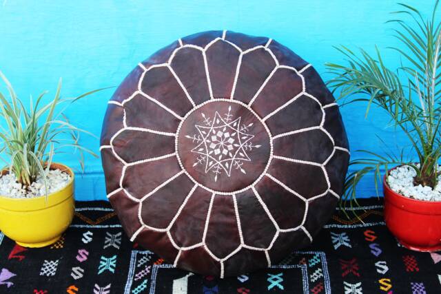 Moroccan Brown Leather Pouf, Ottoman Footstool, Genuine Pouffe For Boho Home Decor - image 1