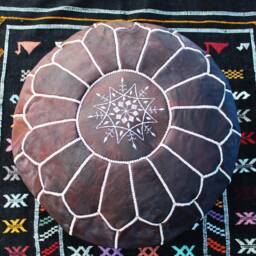 Moroccan Brown Leather Pouf, Ottoman Footstool, Genuine Pouffe For Boho Home Decor - thumbnail 3