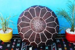 Moroccan Brown Leather Pouf, Ottoman Footstool, Genuine Pouffe For Boho Home Decor - thumbnail 1