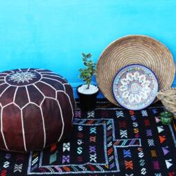 Moroccan Brown Leather Pouf, Ottoman Footstool, Genuine Pouffe For Boho Home Decor - thumbnail 4
